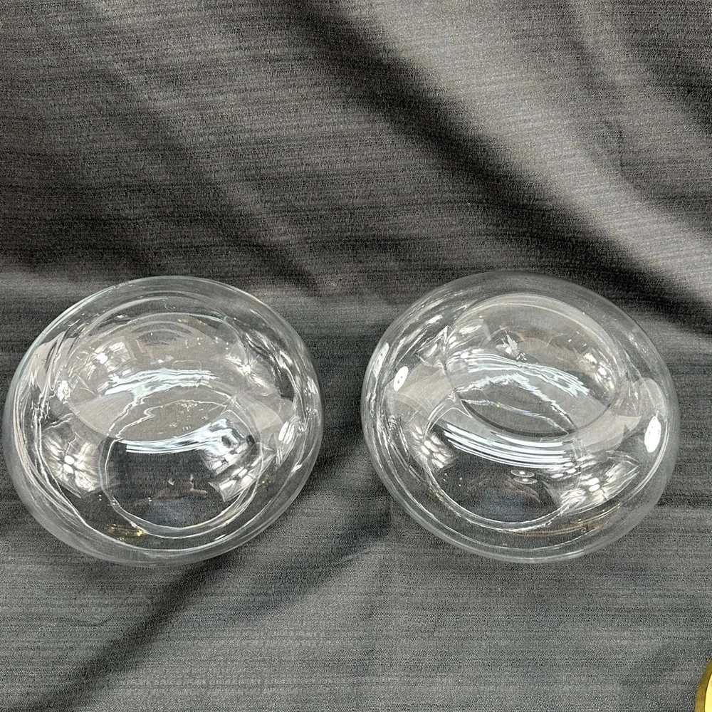 Vtg Crate & Barrel Set 2 Blown Glass Bowls W/Solid Brass Candle Inserts Stickers